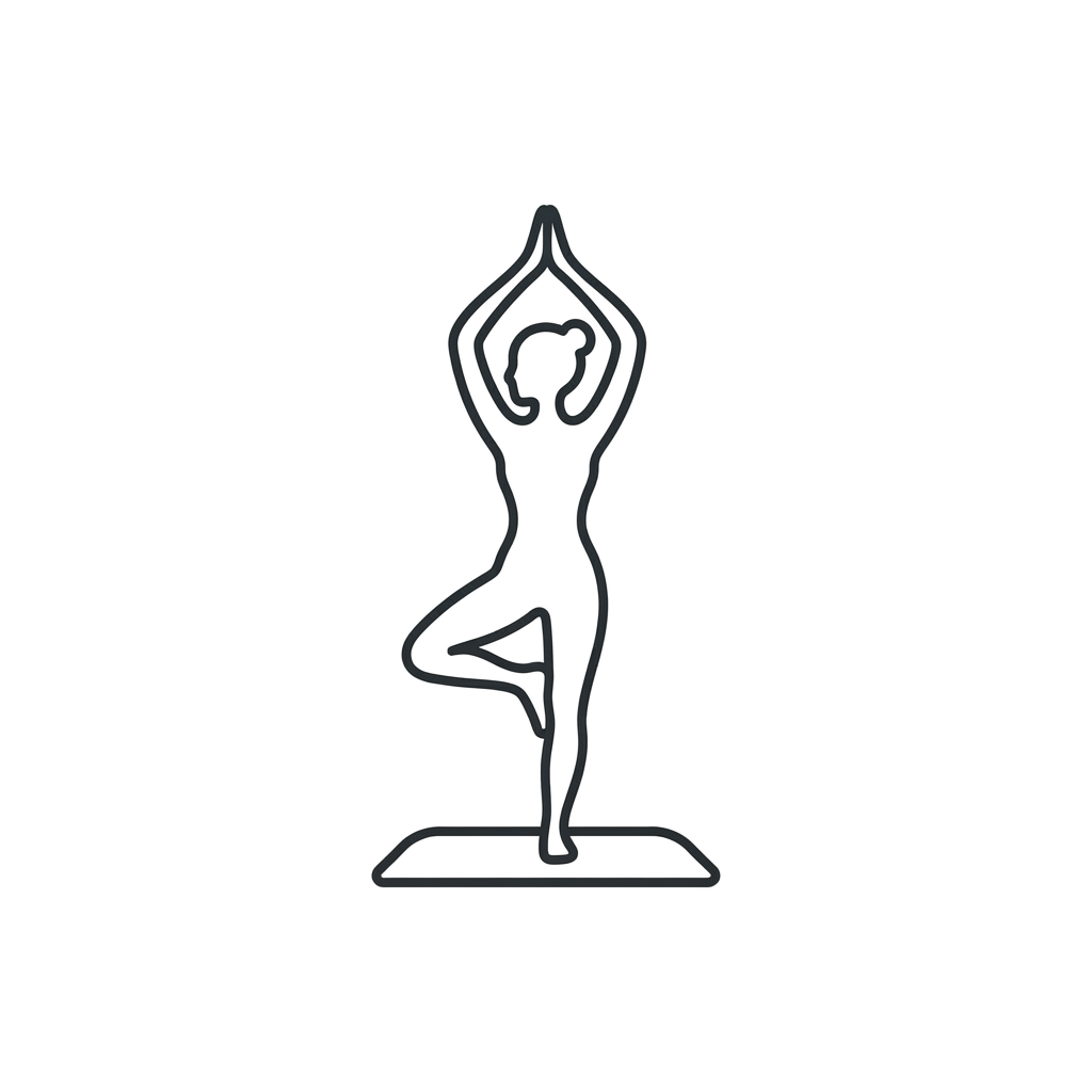 Line drawing of a person in a yoga pose standing on one leg with arms raised above head