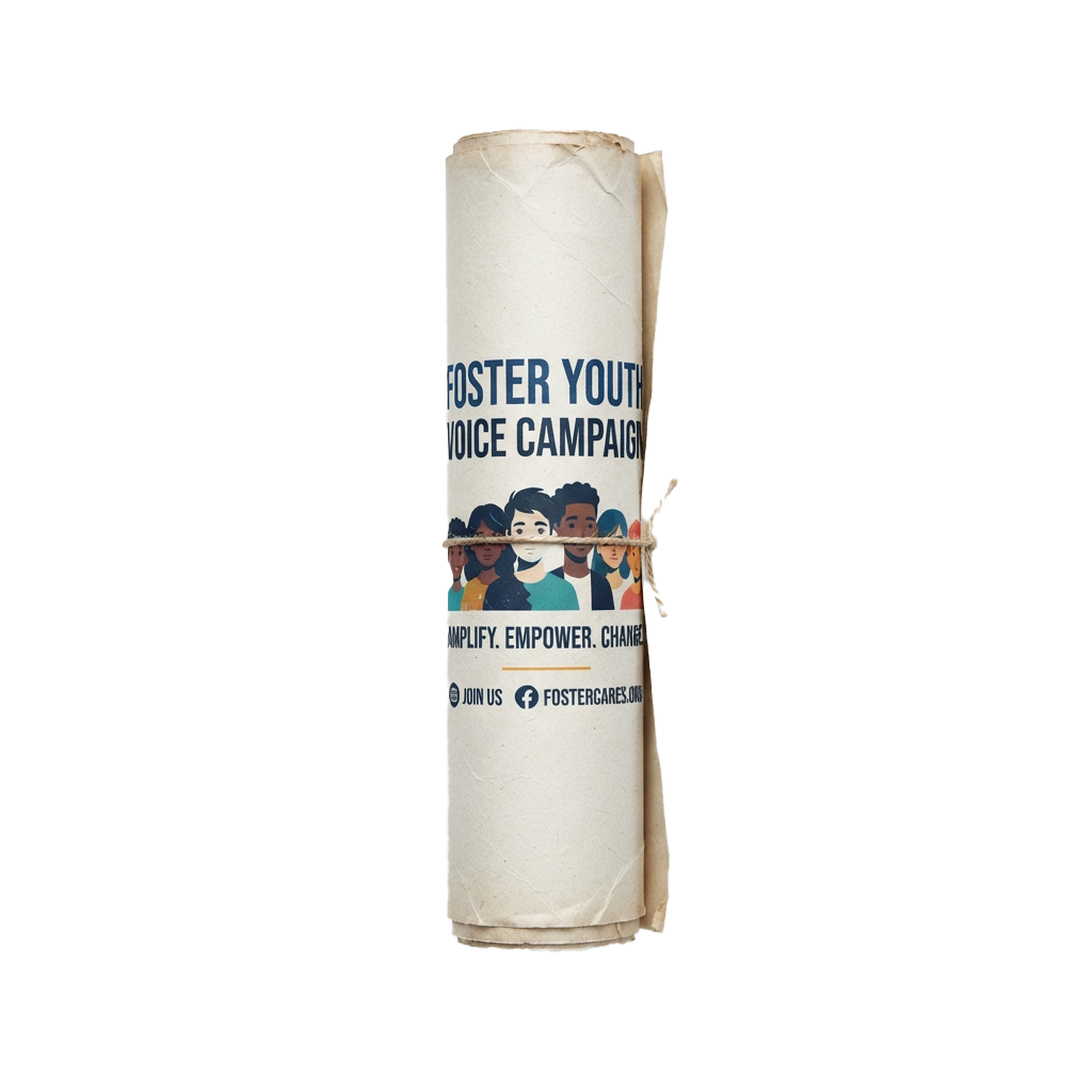 A rolled poster for the foster youth voice campaign featuring diverse smiling faces and text.
