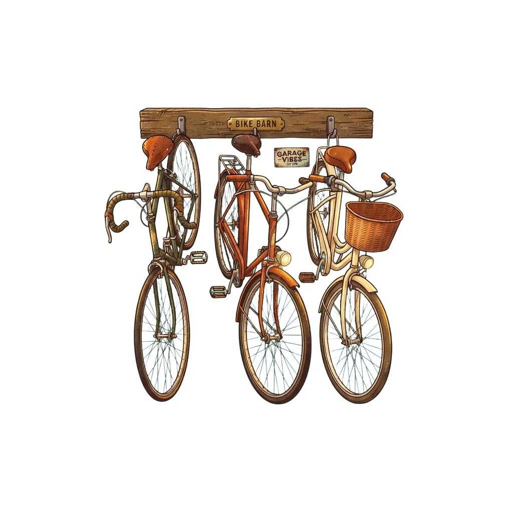 Three vintage-style bicycles hanging on a wooden bike rack with signs reading Bike Barn and Garage Vibes