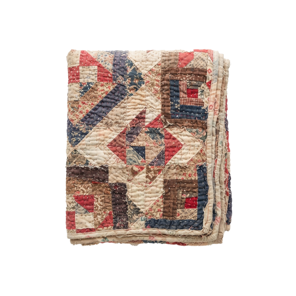 A quilt featuring a patchwork of geometric shapes in red, blue, and beige tones with visible stitching and frayed edges.