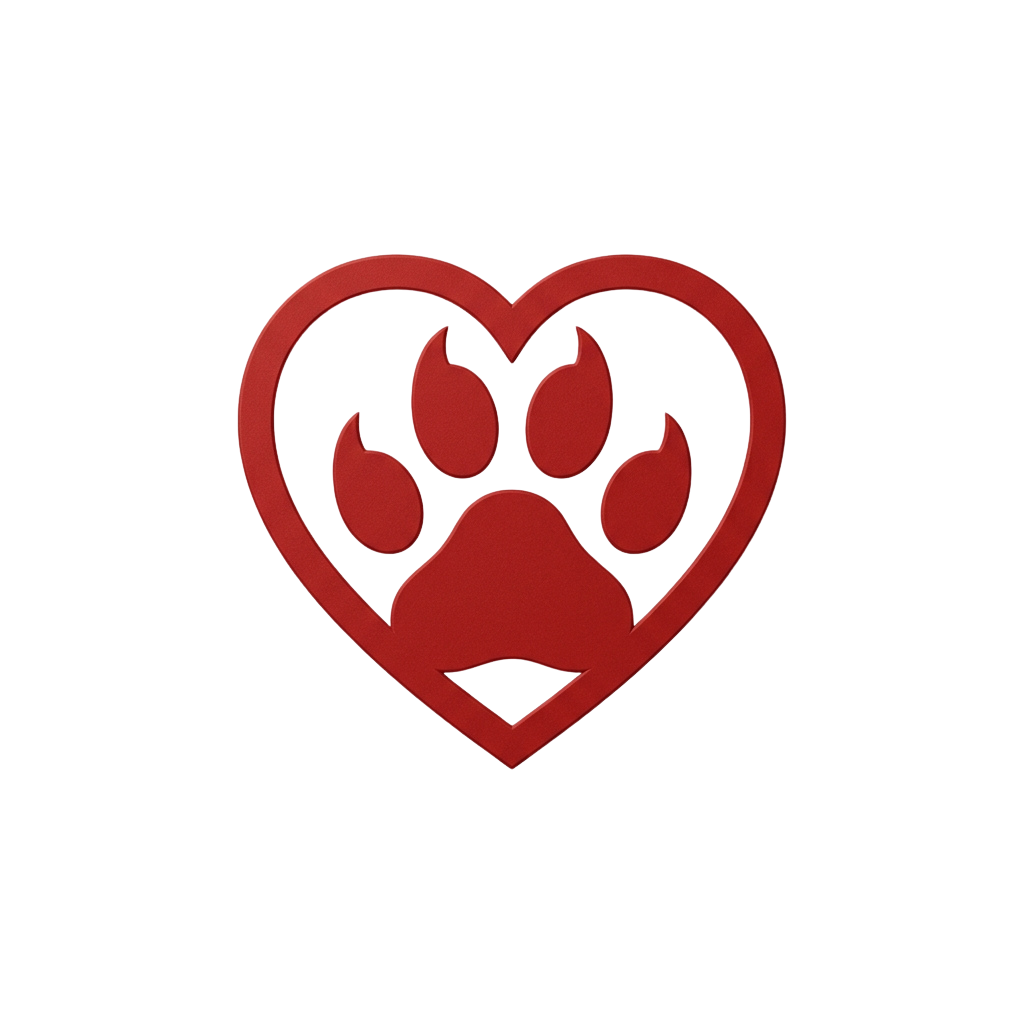 A red heart shape containing a stylized paw print with four toe marks and a pad.