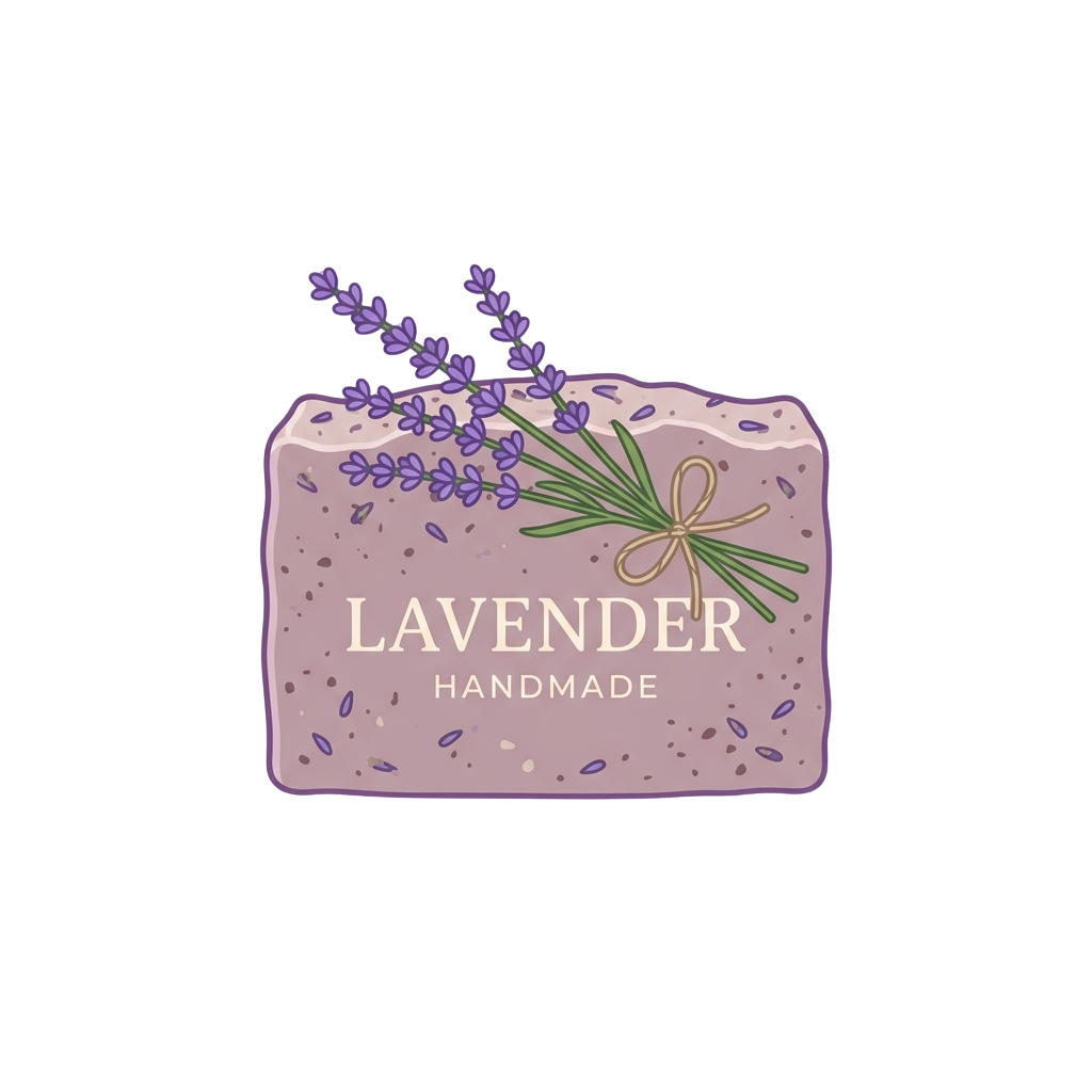 Illustration of a lavender handmade soap bar with purple flowers and a decorative bow on top