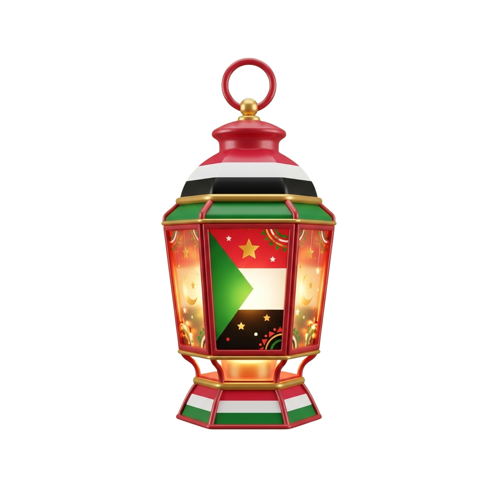 Illuminated lantern featuring the Omani flag design with red, green, white, and black colors, glowing from inside