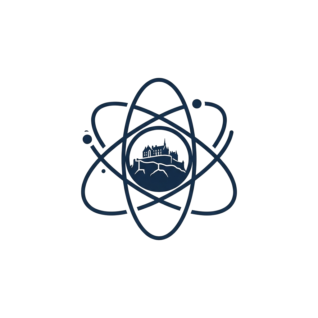 Blue atomic symbol graphic with a castle silhouette in the center on a dark background