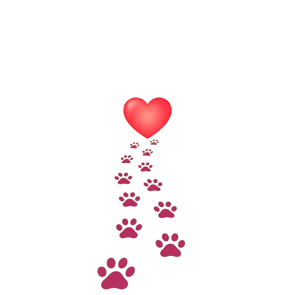 A pink heart floating above a trail of pink paw prints on a black background