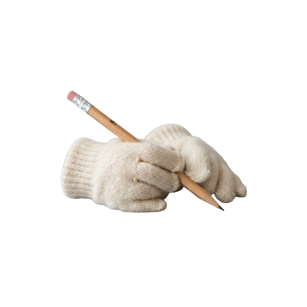 Two white knitted gloves holding a yellow pencil against a black background