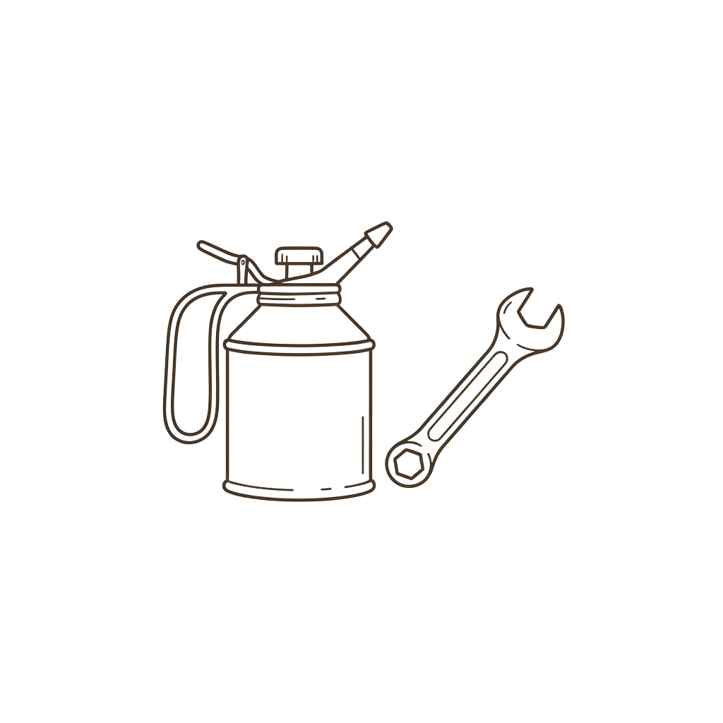 Line drawing of a gas can with a spout and handle next to a adjustable wrench
