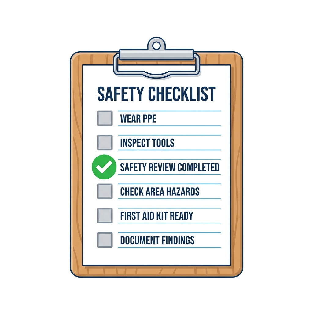 Clipboard with safety checklist showing completed safety review and other tasks like wearing PPE and inspecting tools