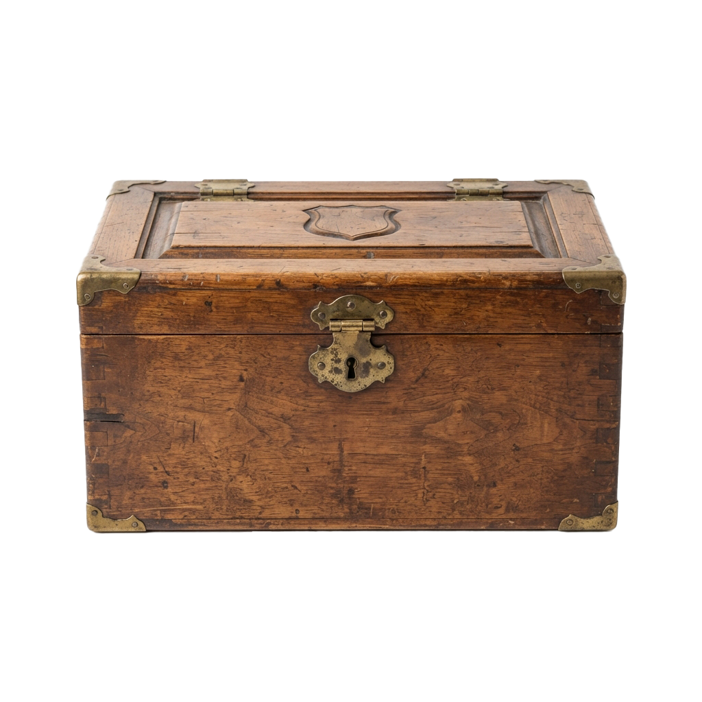Vintage wooden chest featuring brass corner fittings and a central lock