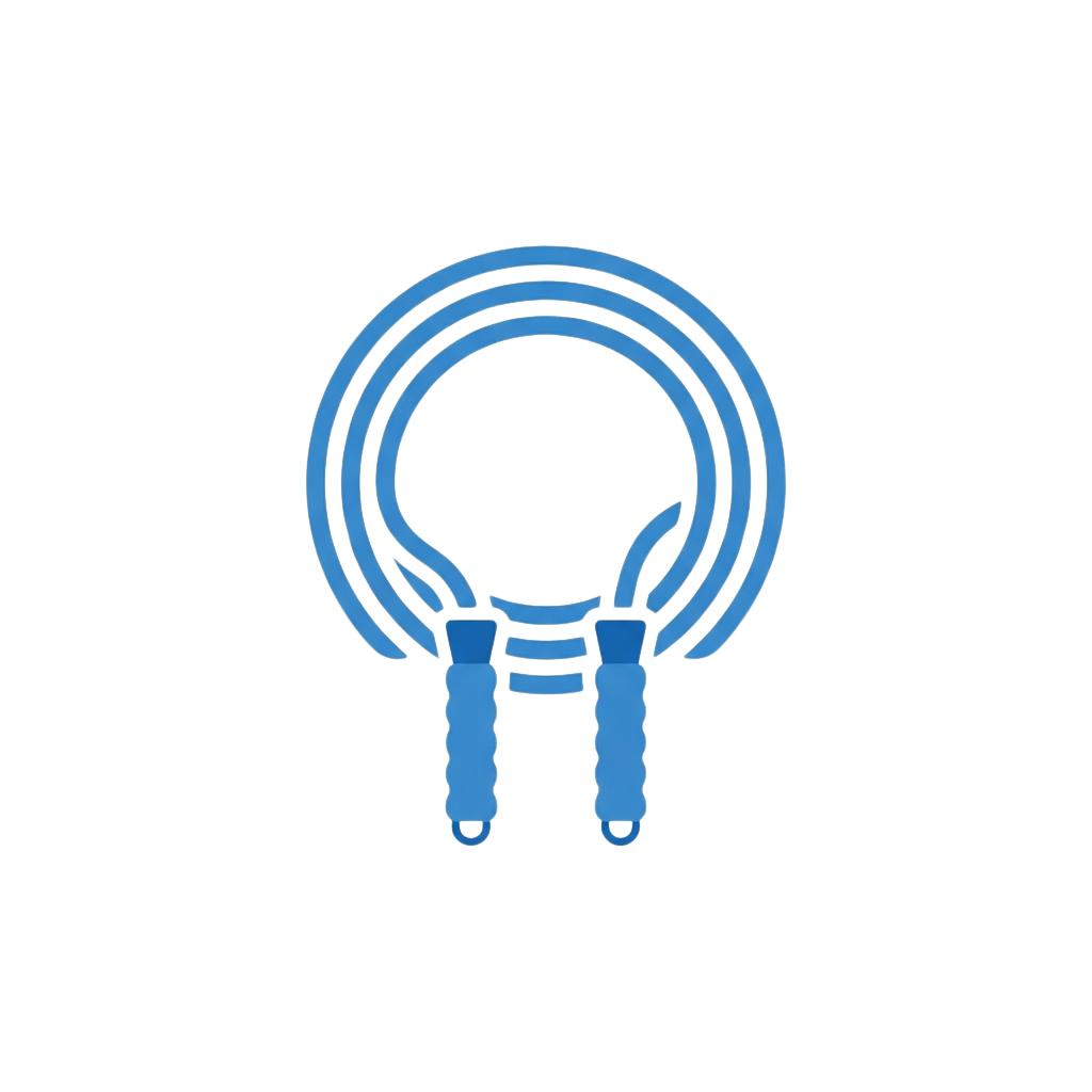 Abstract blue icon showing a circular shape with two legs extending downward
