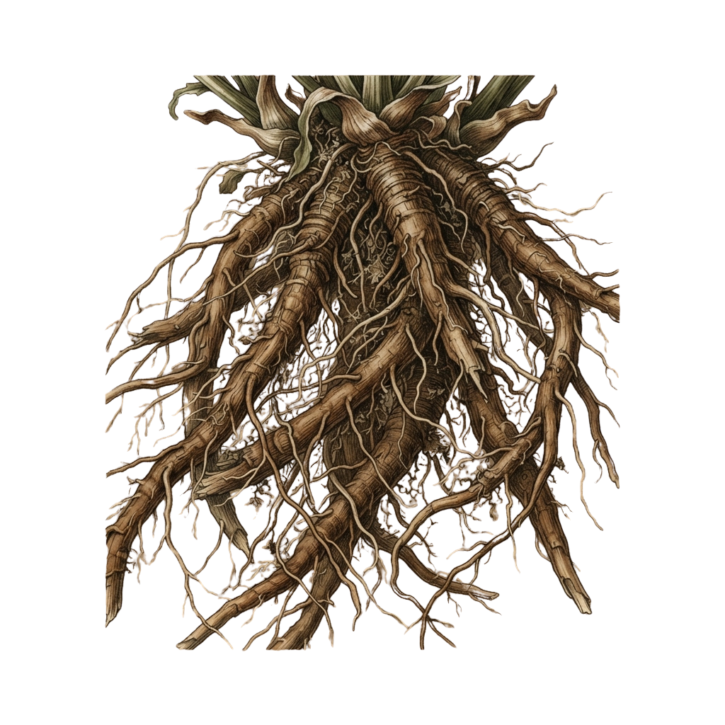 An intricate illustration of a plant root system with a green leafy top.