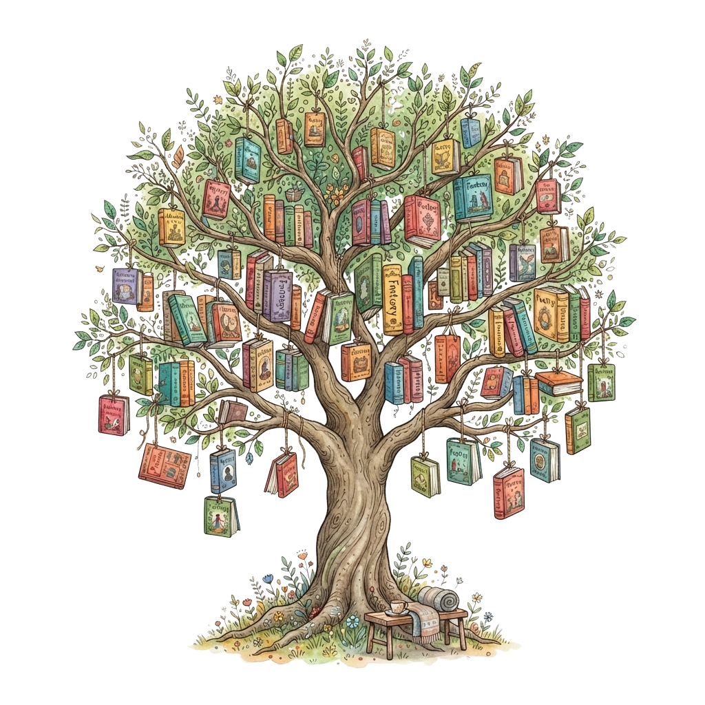 A detailed illustration of a tree with colorful books hanging from its branches