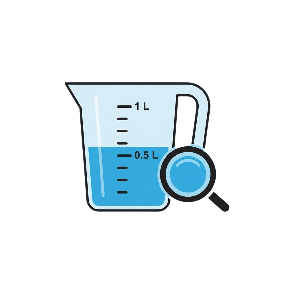 Illustration of a measuring cup filled to half a liter with a magnifying glass over the liquid