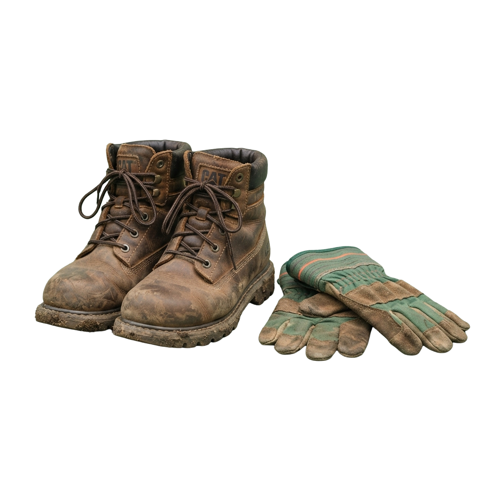 Worn brown leather work boots and matching gloves on a black background