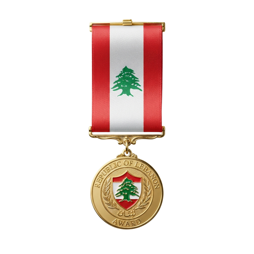 Gold medal with Lebanon flag ribbon featuring cedar tree emblem, labeled Republic of Lebanon Award