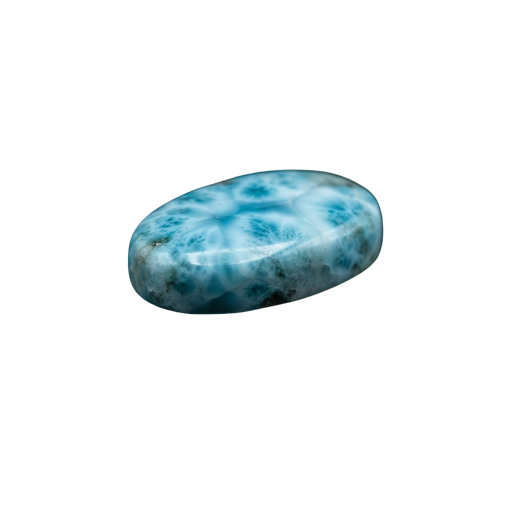 Oval-shaped blue Larimar gemstone with white veining against black background