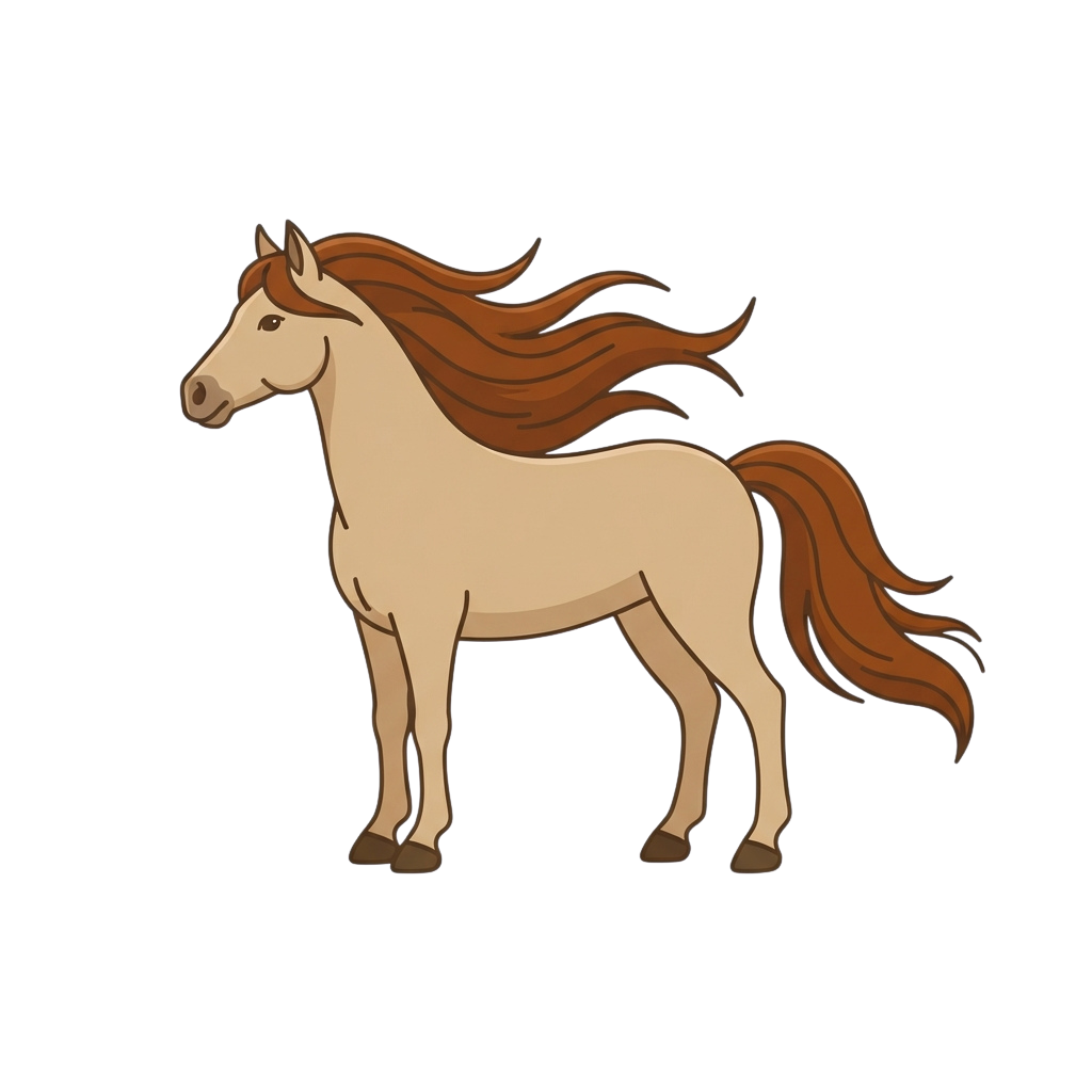 A light brown horse standing on all fours with a flowing reddish-brown mane and tail against a black background