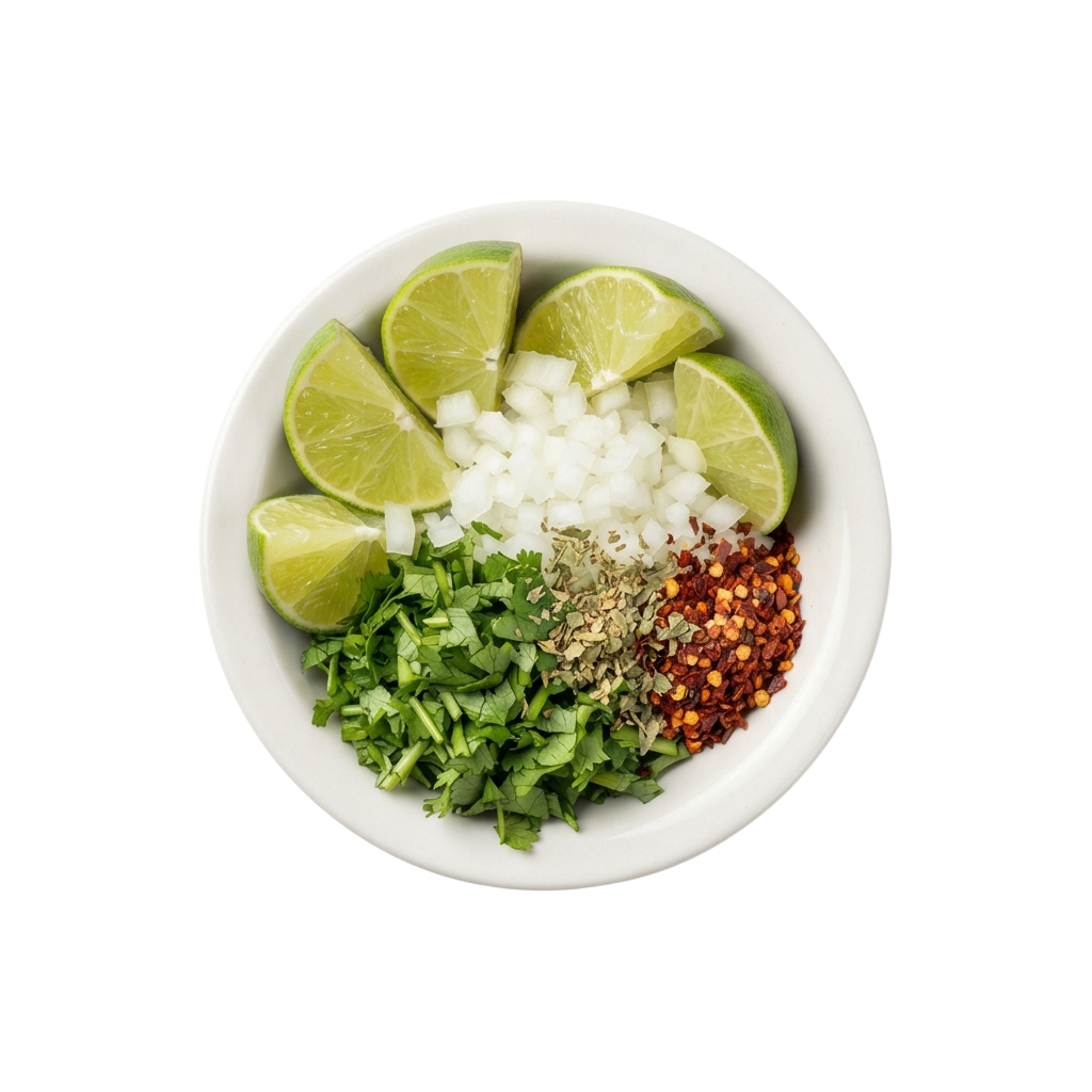 Bowl containing lime wedges, chopped cilantro, diced onion, red chili flakes, and herbs