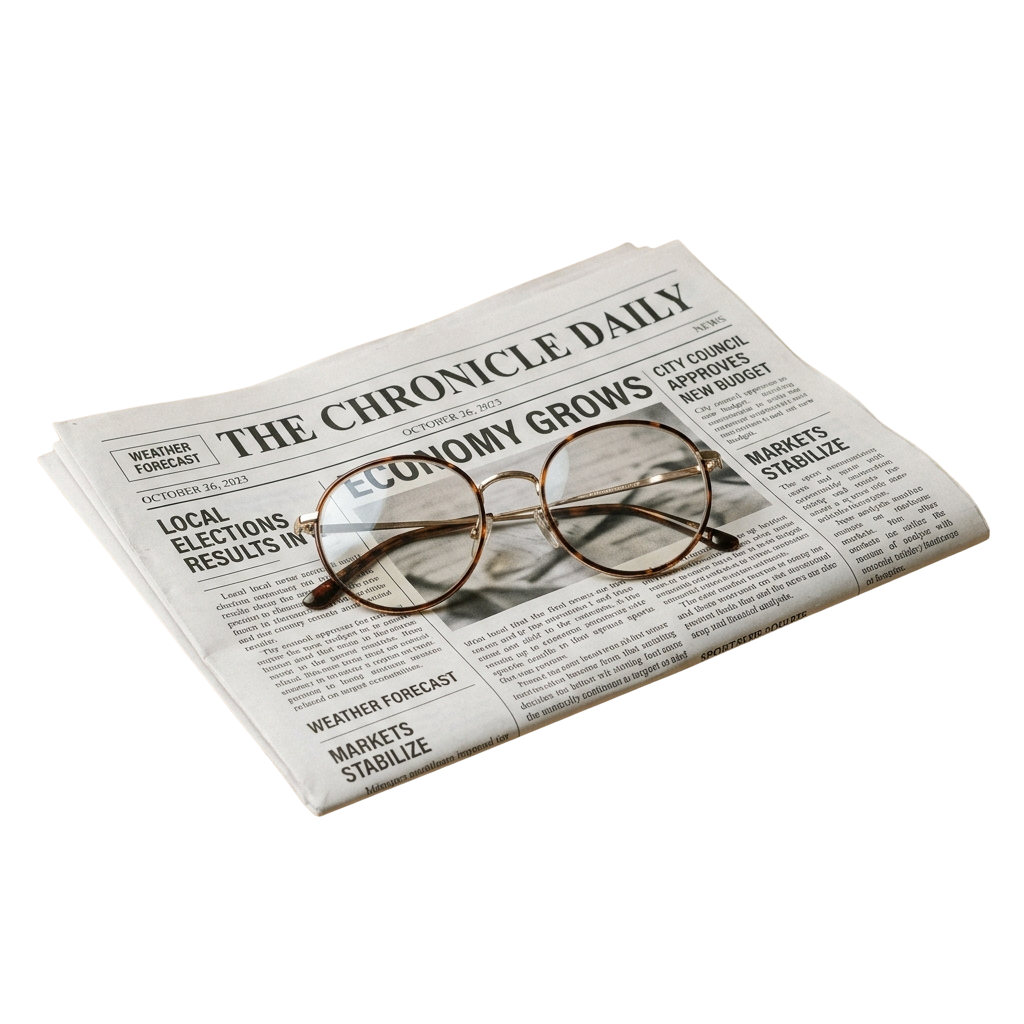 Glasses resting on a newspaper with headlines about economic growth and local elections