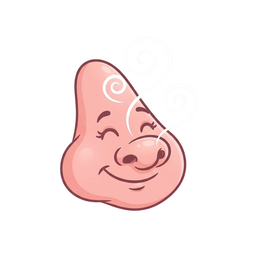 A smiling cartoon nose with steam or thought bubbles rising from its top