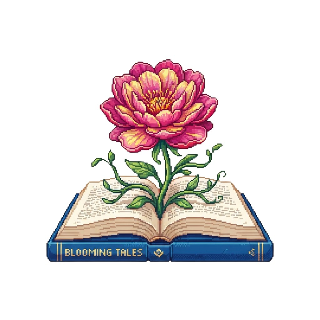 An open book with a vibrant pink flower blooming from its pages