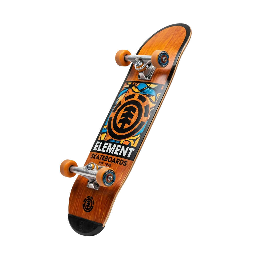 Skateboard with wooden deck featuring colorful tribal-inspired graphics and orange wheels