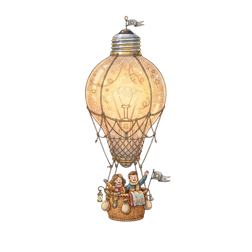 Illustration of a decorative light bulb shaped like a hot air balloon with a basket containing two small figures waving a flag