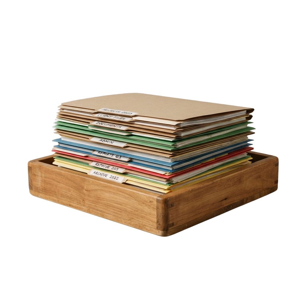 Stack of color-coded file folders in a wooden box labeled by year and category