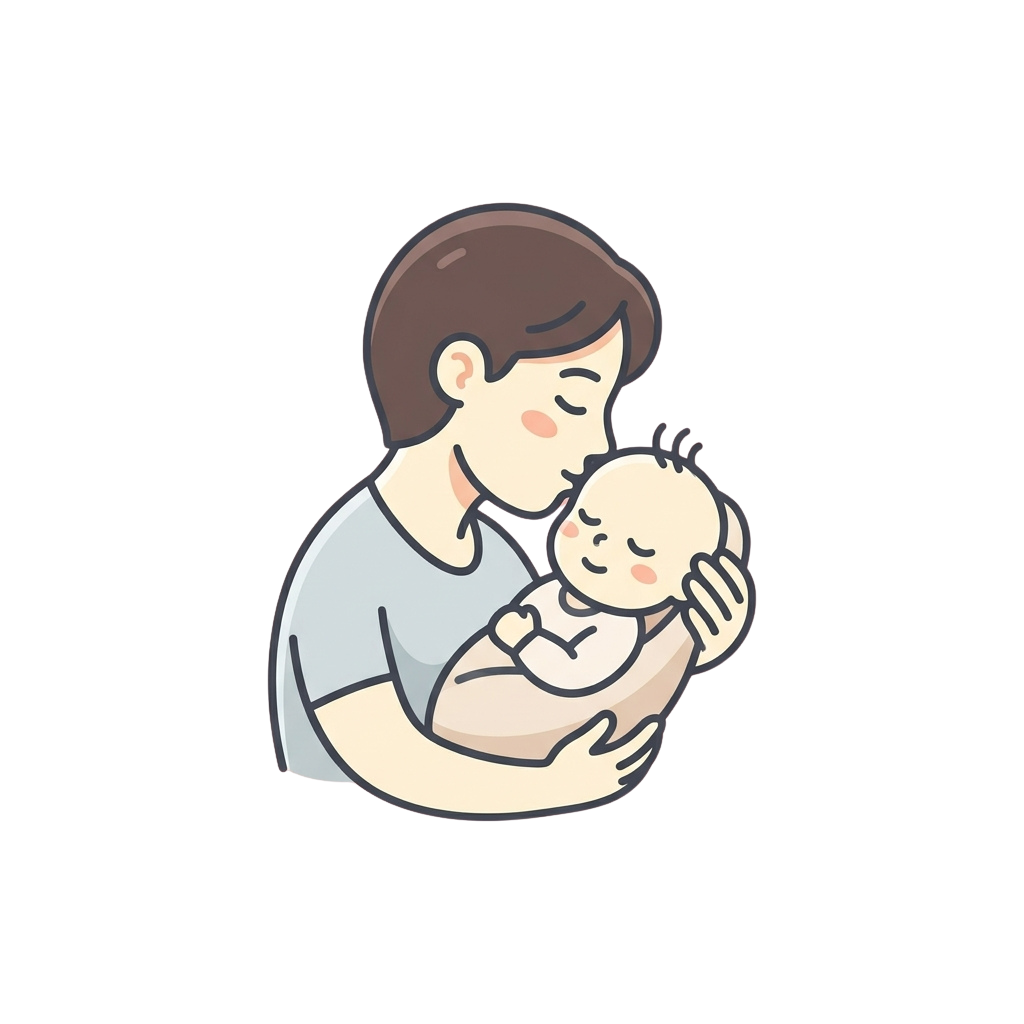 Illustration of an adult gently holding and kissing a newborn baby on the head