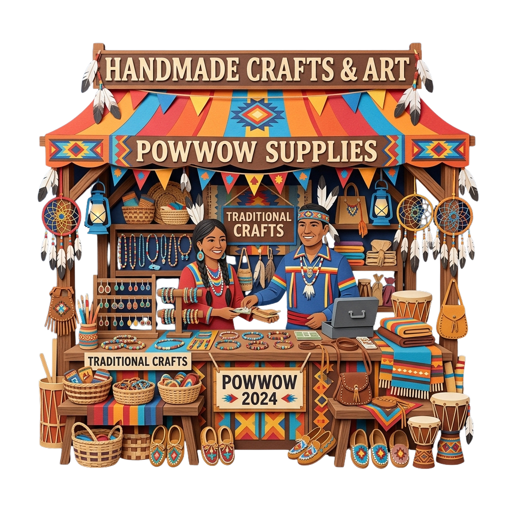 Colorful powwow supplies stall showcasing traditional crafts like jewelry, drums, baskets, and dreamcatchers with two smiling vendors