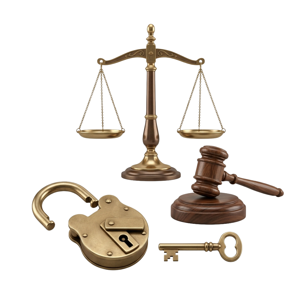 A set of justice symbols including a pair of scales, a gavel, a lock, and a key on a black background.