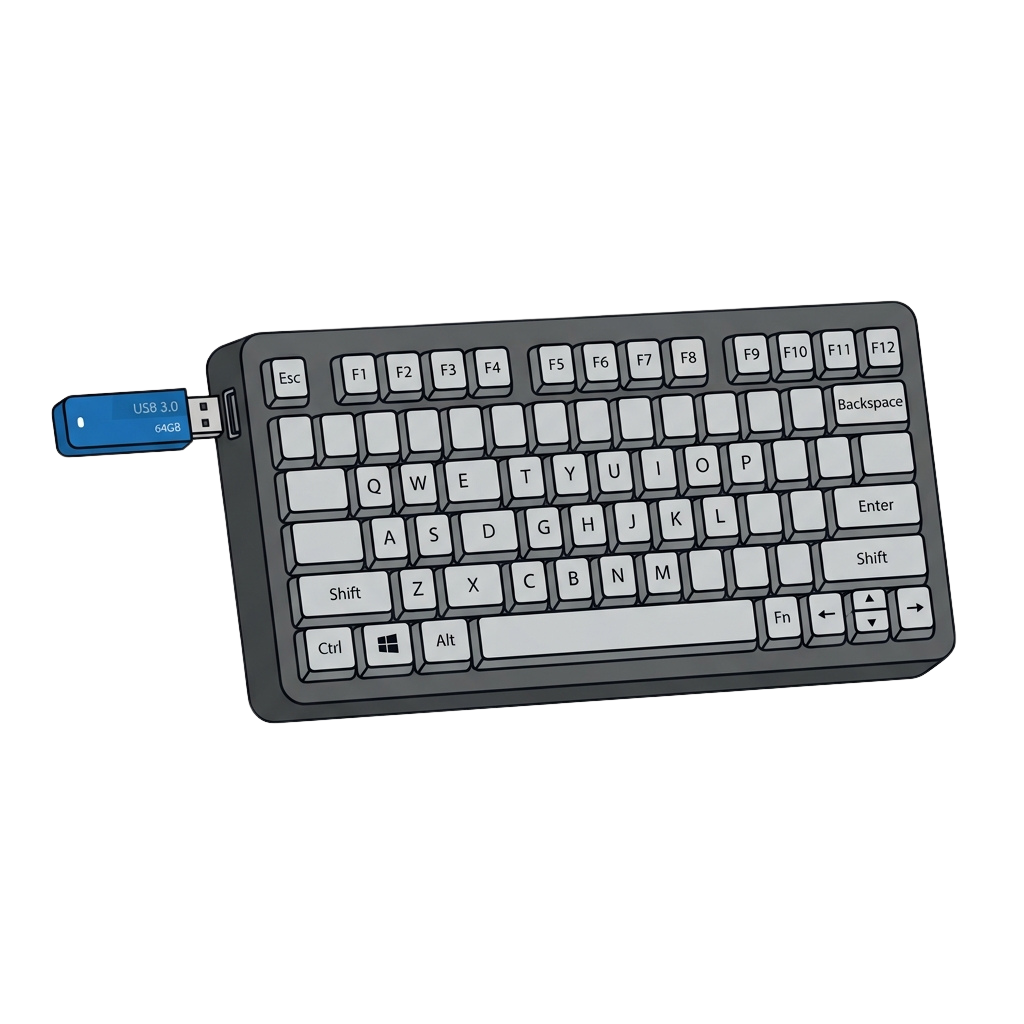 Compact USB keyboard with white letter keys, function keys, media controls, and a Windows logo key