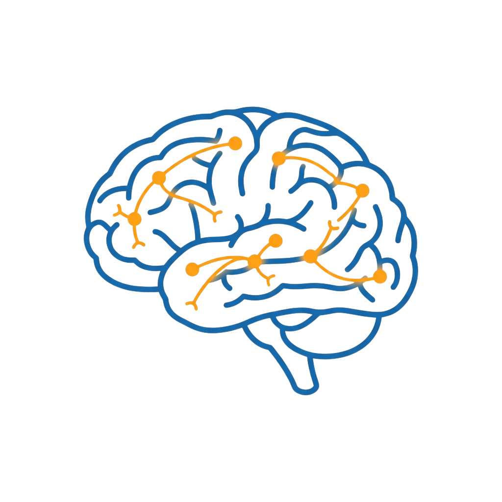 Illustration of a human brain with highlighted neural pathways in orange against a blue outline