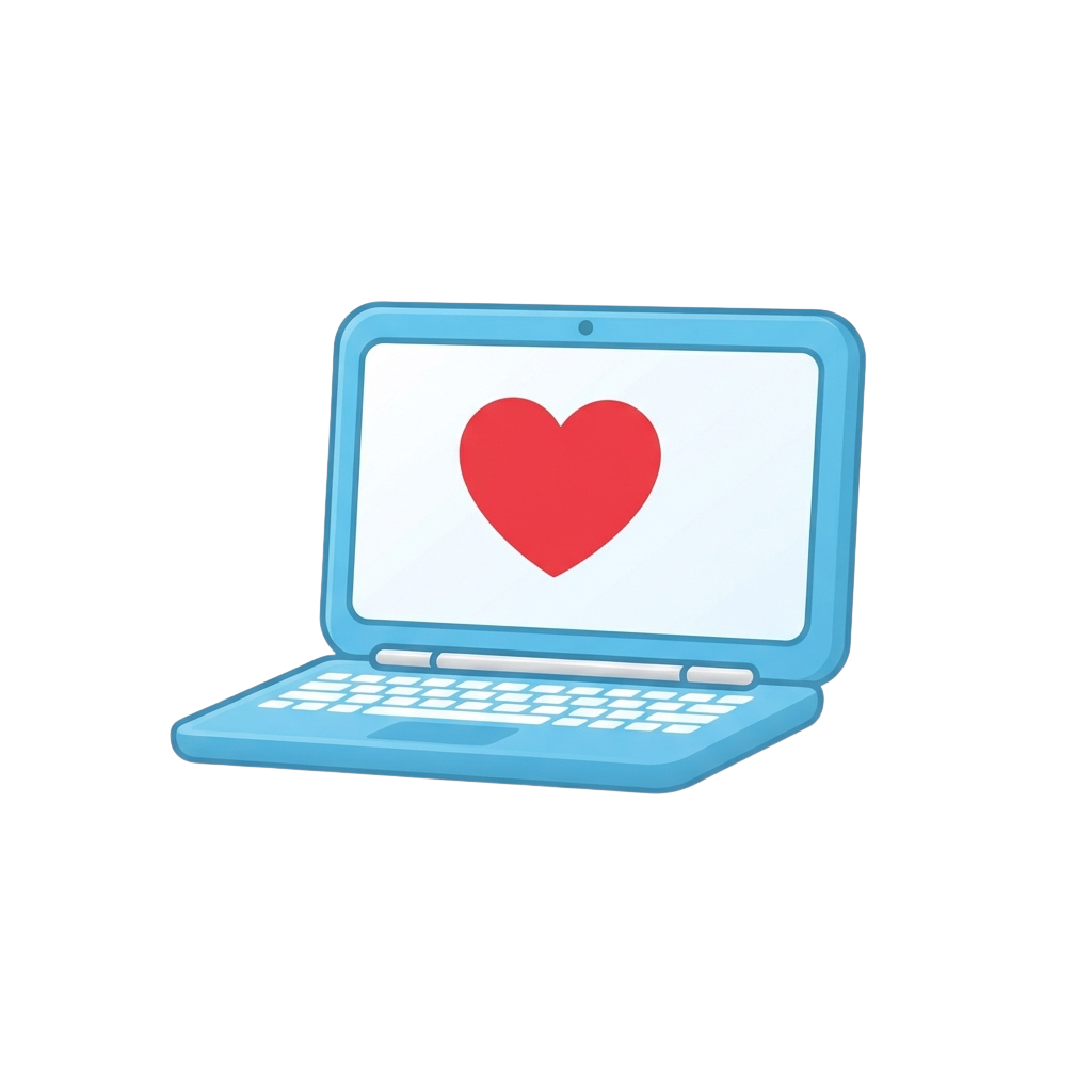 A blue laptop with a red heart symbol displayed on its screen