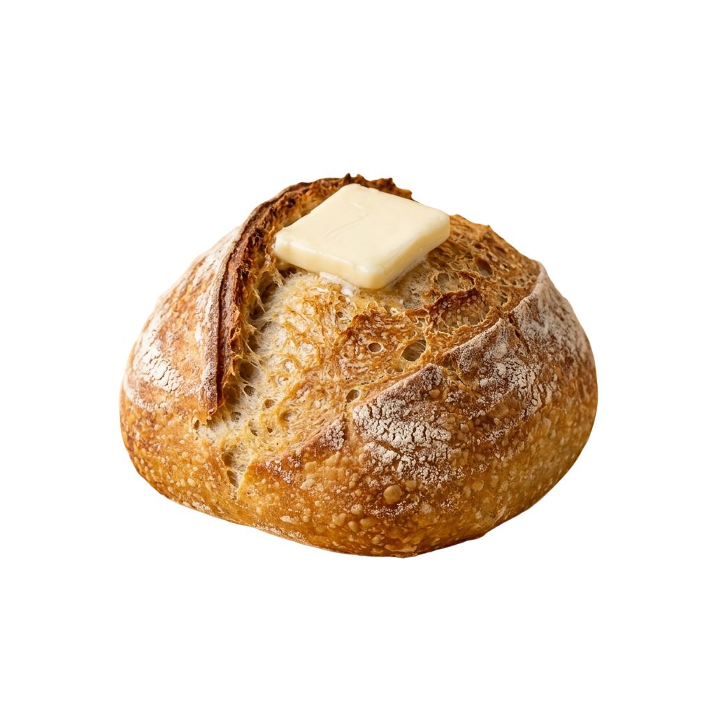 A round loaf of crusty bread with a piece of butter placed on top