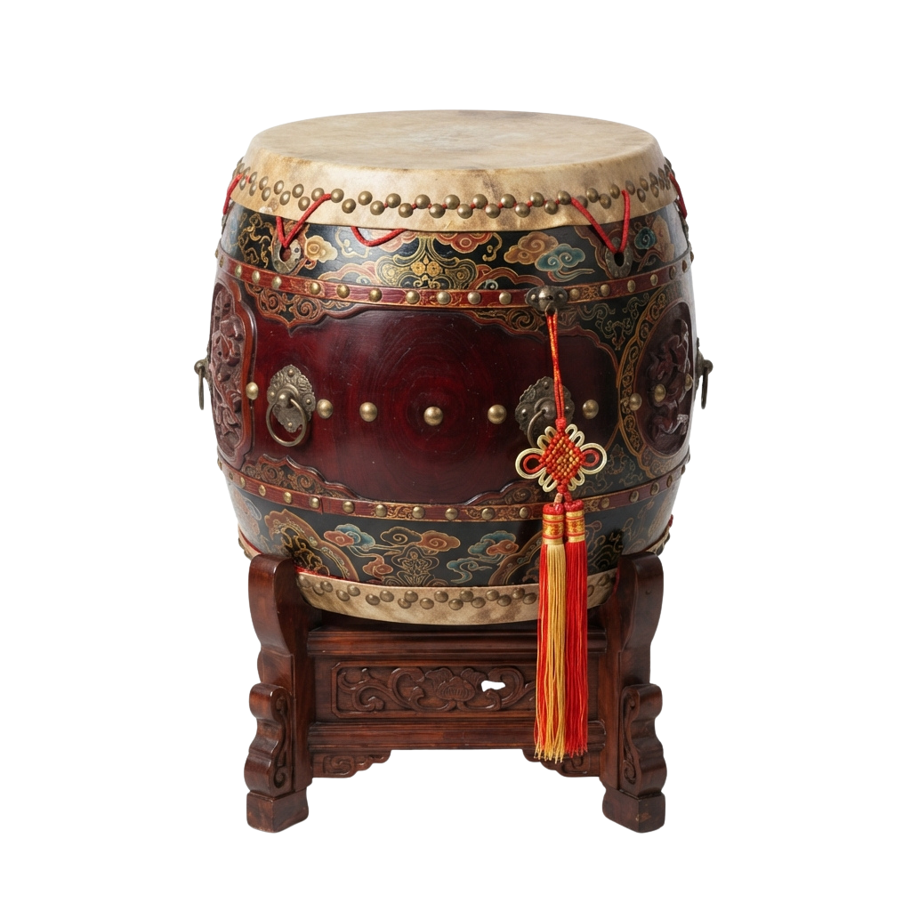 Decorative Asian drum on a wooden stand with intricate designs and a red tassel hanging from the side