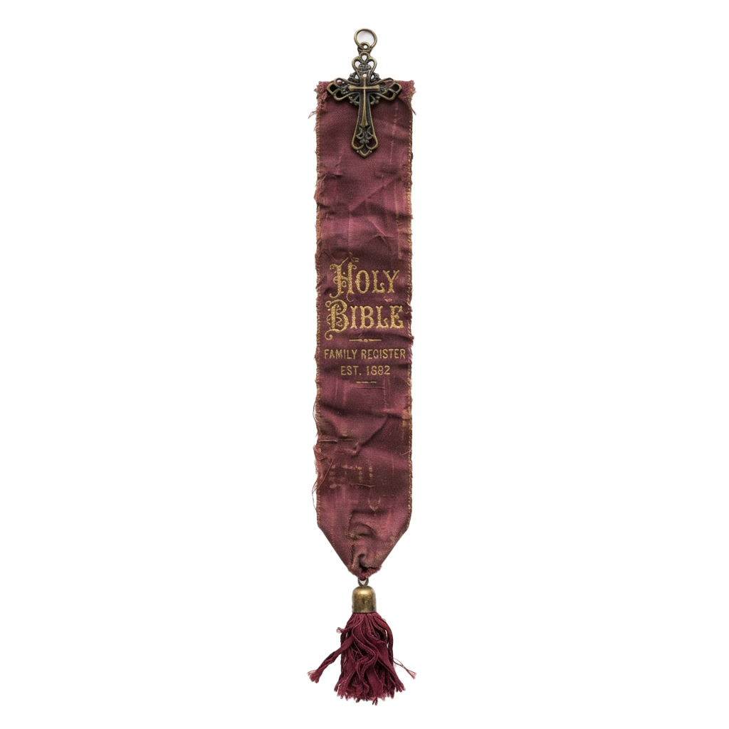 A maroon velvet Bible marker ribbon with gold text reading Holy Bible Family Register EST 1892 and a decorative cross topper