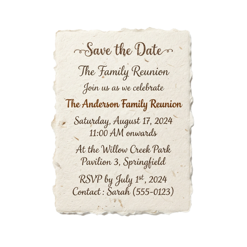 Vintage-style invitation for a family reunion event on August 17, 2024, at a park pavilion