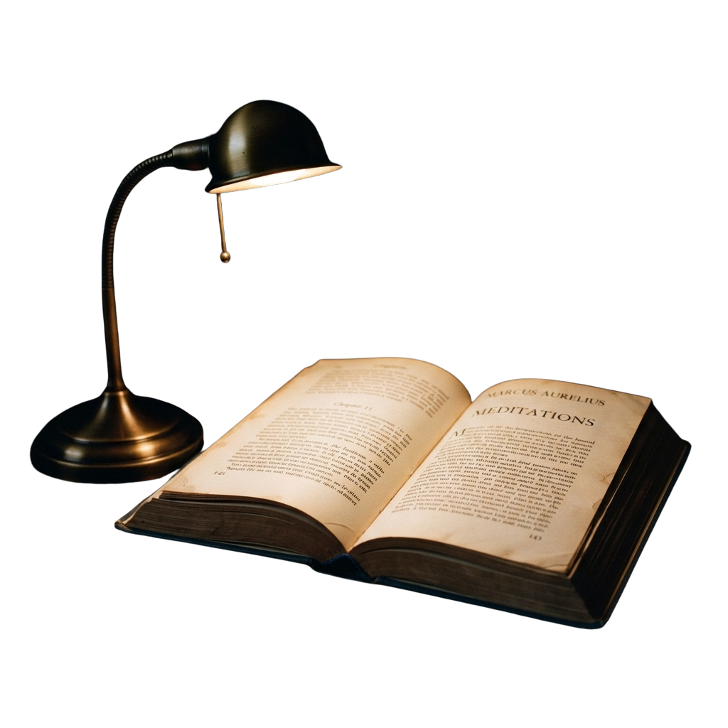 An open book titled Meditations by Marcus Aurelius under a vintage desk lamp.