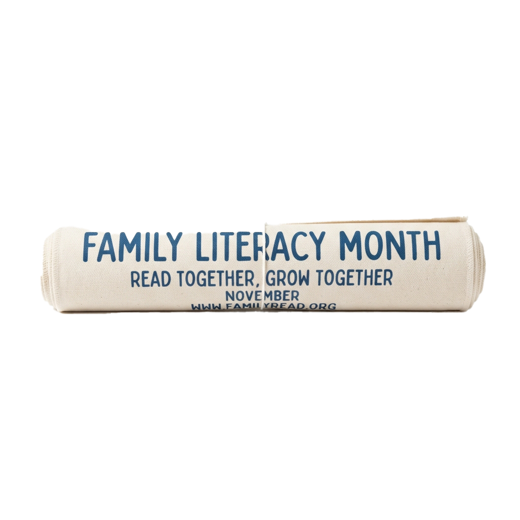 A rolled newspaper-style banner promoting Family Literacy Month in November with the slogan Read Together Grow Together