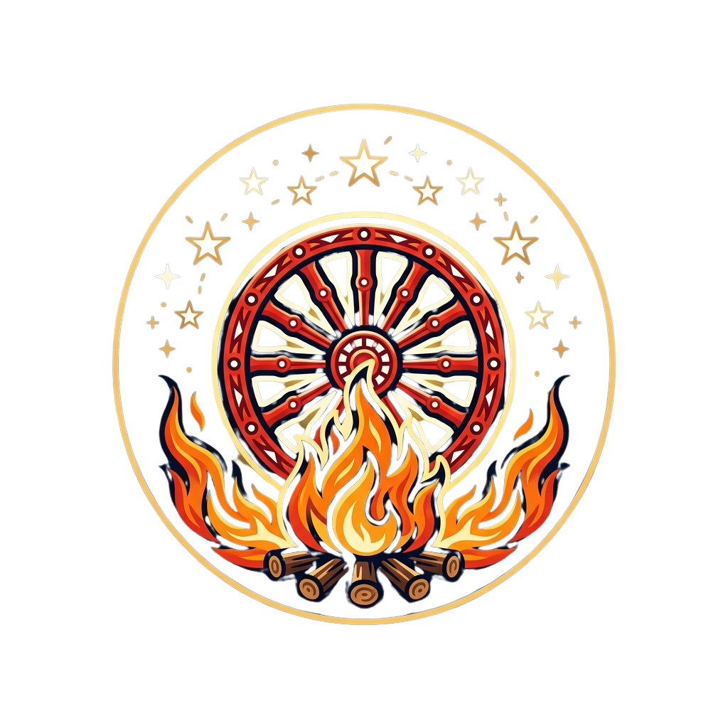 Illustration of a medicine wheel with a campfire burning beneath stars in a circular frame