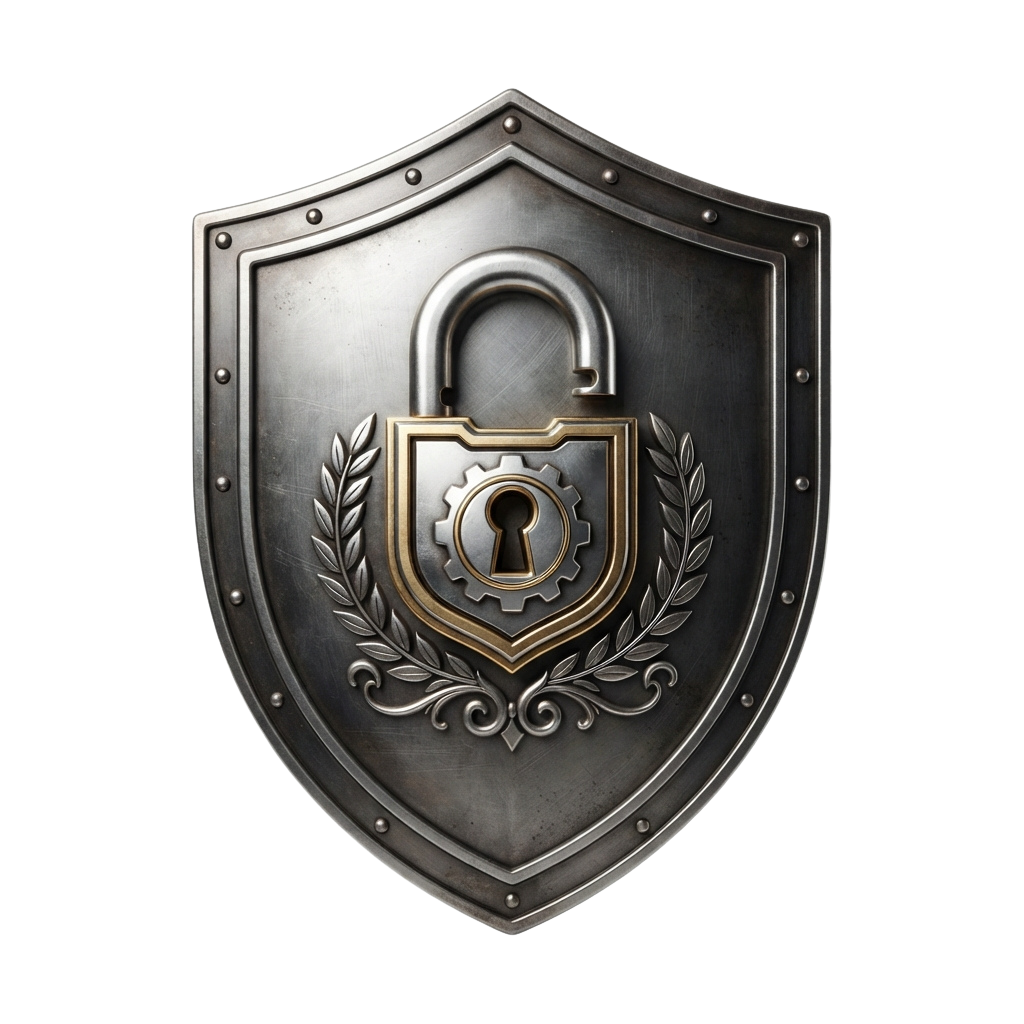 A metallic shield featuring a lock and gear emblem symbolizing cybersecurity and protection