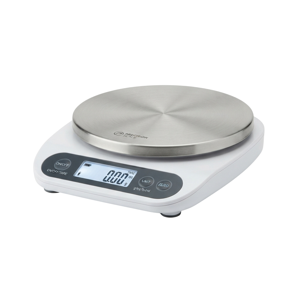 Digital kitchen scale showing a zeroed display with stainless steel circular platform