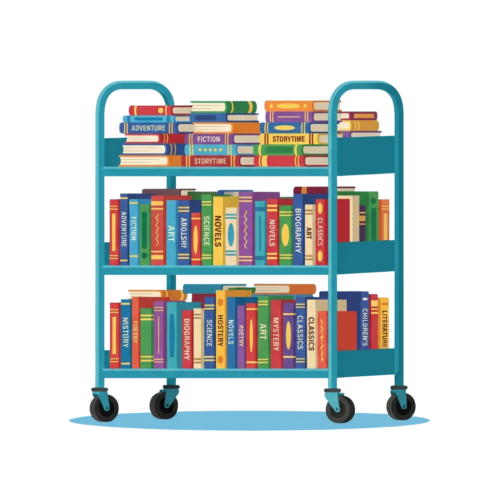 Mobile book cart with three shelves filled with colorful books categorized by genre