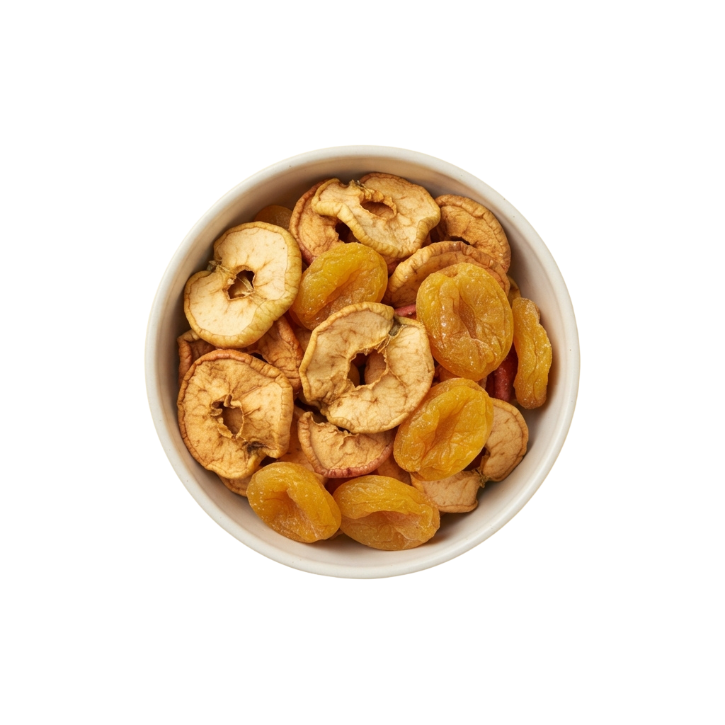 A bowl of dried apple and apricot rings arranged together
