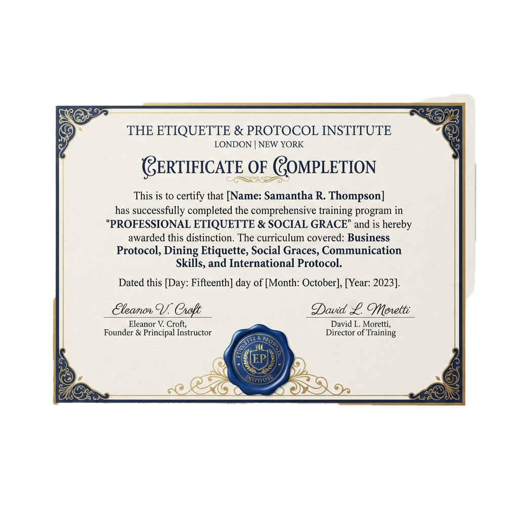 Certificate of completion for a professional etiquette and social grace training program