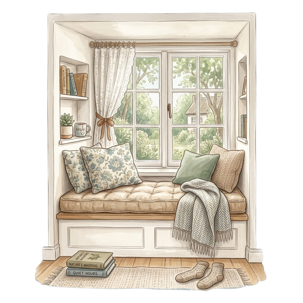 A cozy window seat with cushions, a blanket, and books, overlooking greenery through large windows