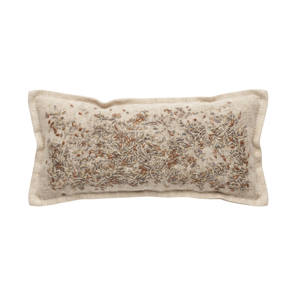 A rectangular beige pillow featuring embroidered floral patterns in earthy tones