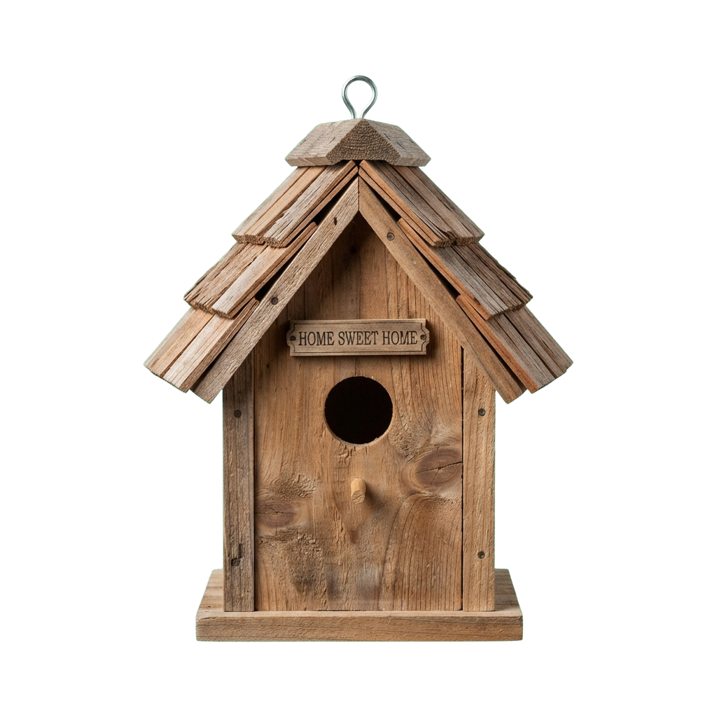 A rustic wooden birdhouse with a shingled roof and a sign reading Home Sweet Home