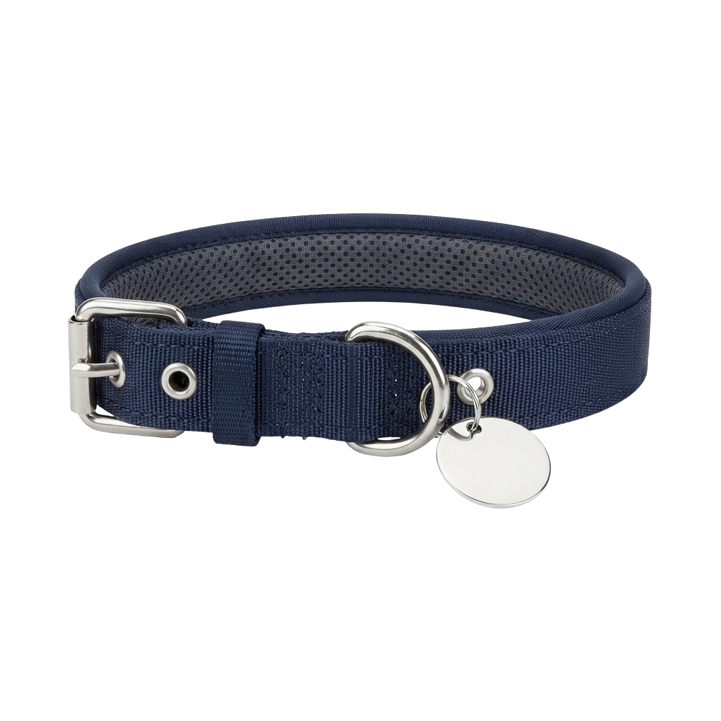 A navy blue dog collar with a metal buckle and D-ring, featuring a tag holder.